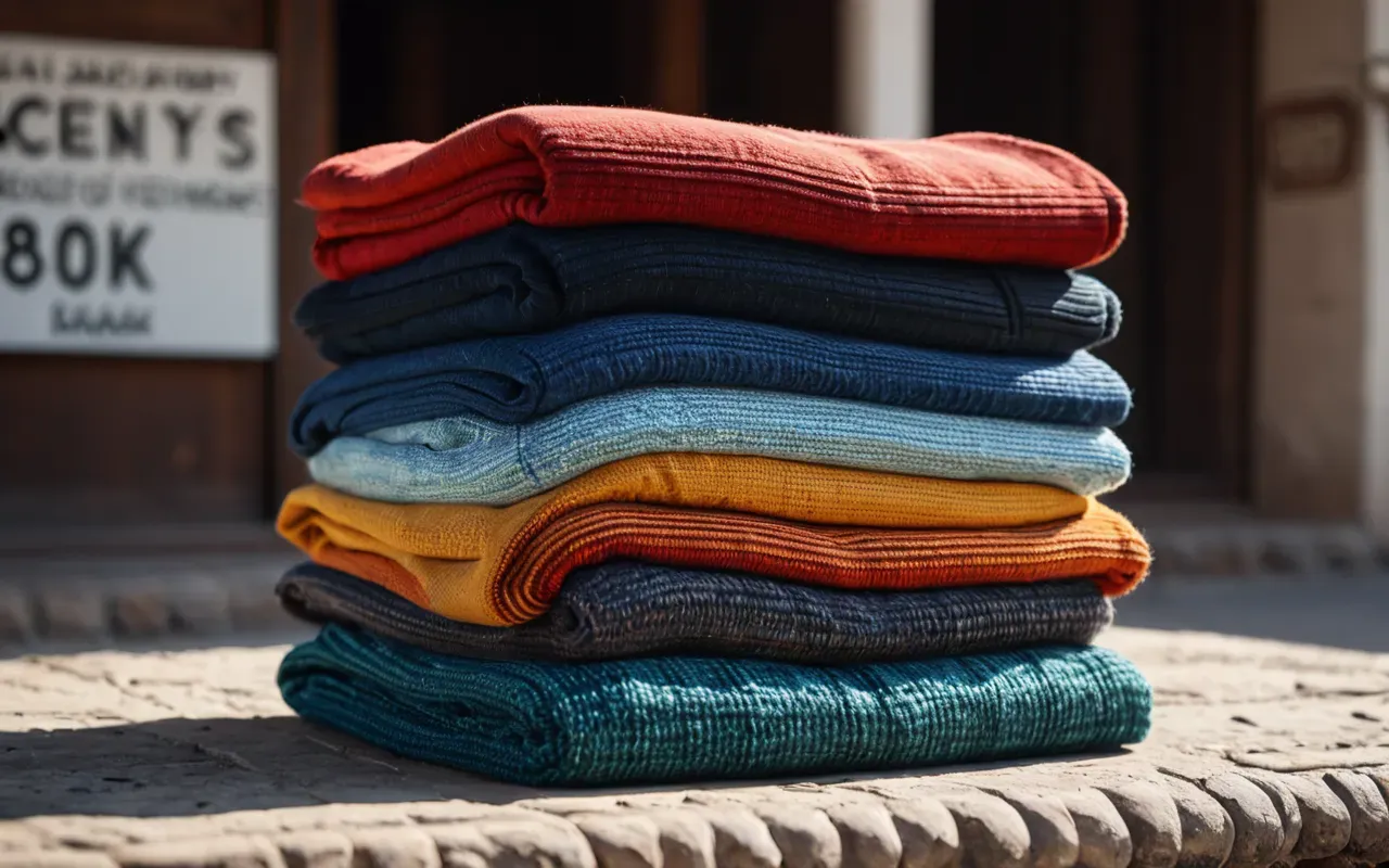 organized baby wardrobe A stack of neatly folded colorful fabric garments on a clean surface with soft daylight illuminating the textures and folds without any visible logos.