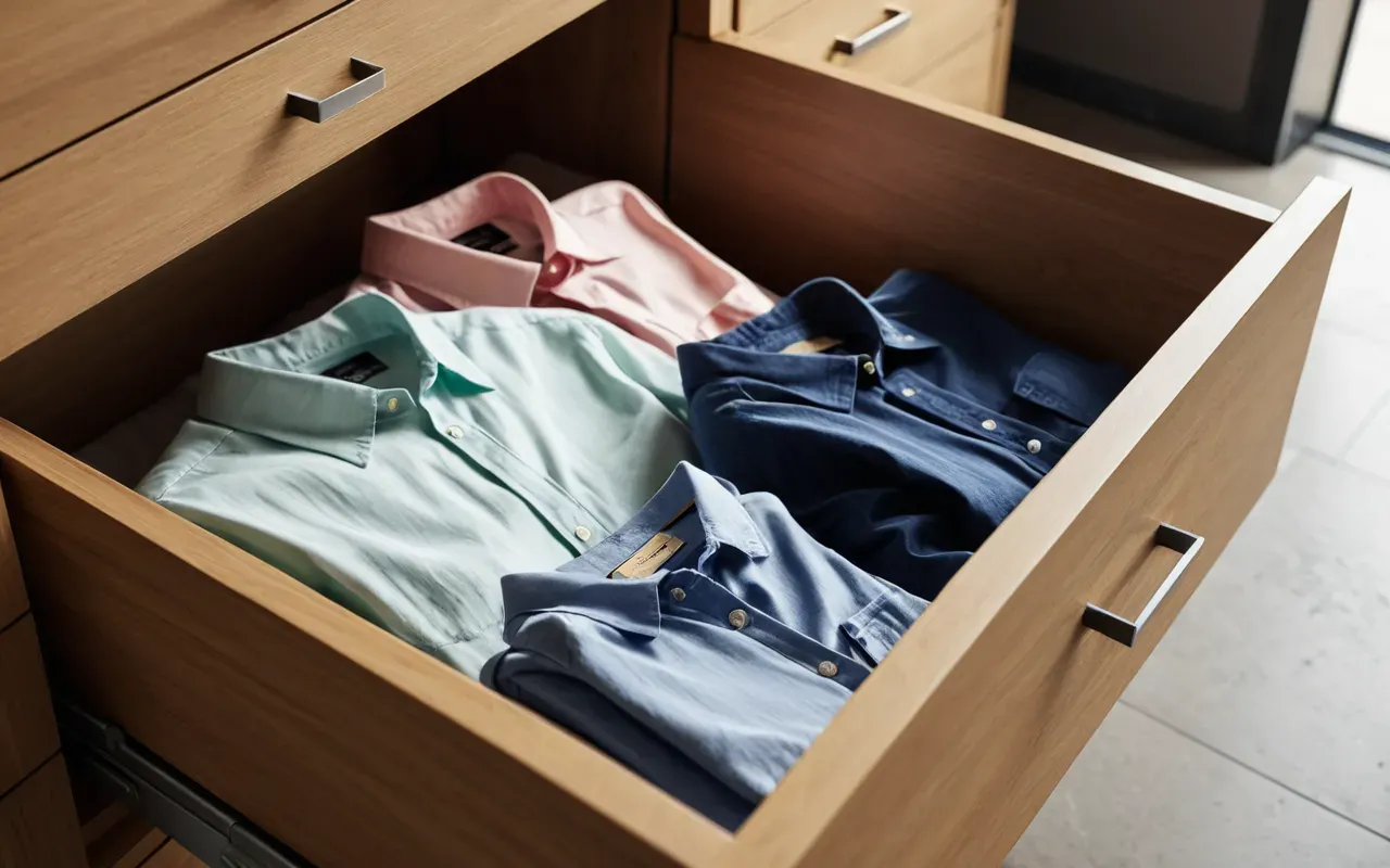 organized baby wardrobe drawers A tidy bedroom drawer with neatly folded pastel shirts and pants arranged in vertical stacks inside a light wood cabinet.
