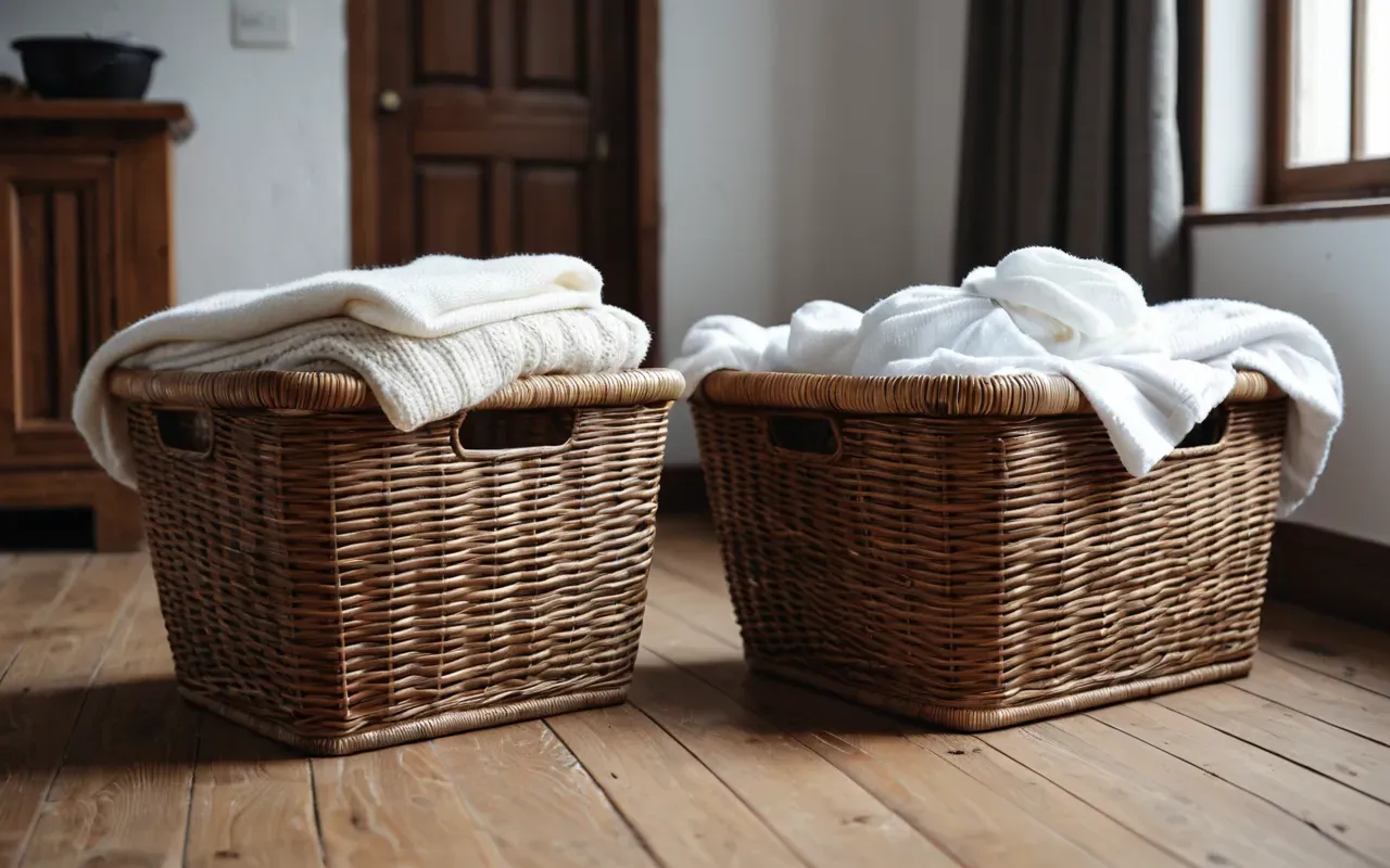laundry basket organization tips Two woven laundry baskets sitting side by side on a light wooden floor one filled with white cotton shirts and the other with soft pastel knit sweaters.